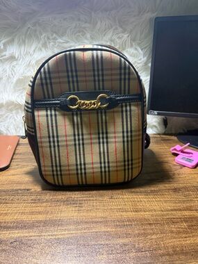 Burberry Tan Plaid Mini Backpack with Black Trim and Gold Hardware
